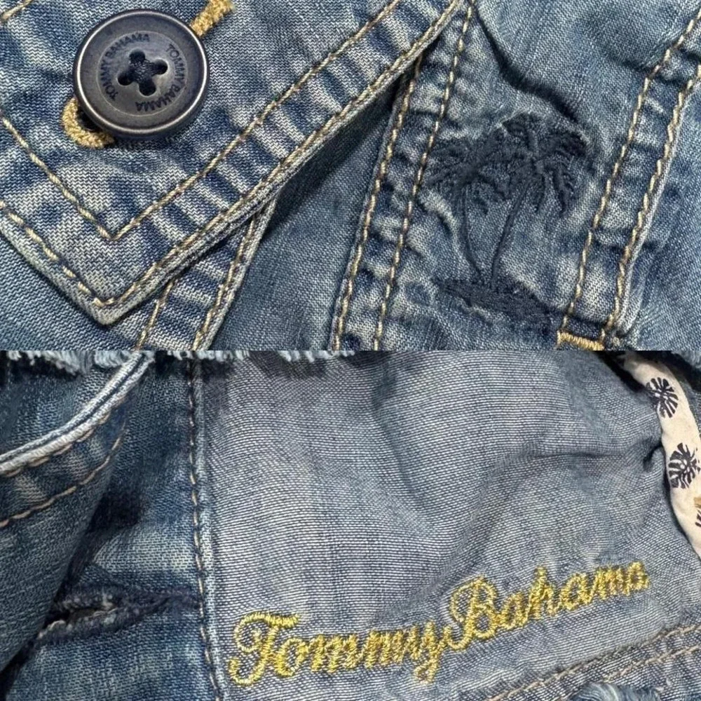 Tommy Bahama Chambray O'lei Cropped Frayed Hem Denim Jacket with side pockets - Picture 5 of 8